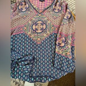 Tolani Silk Boho Tunic Top Women Multicolor V-Neck Long Sleeve L